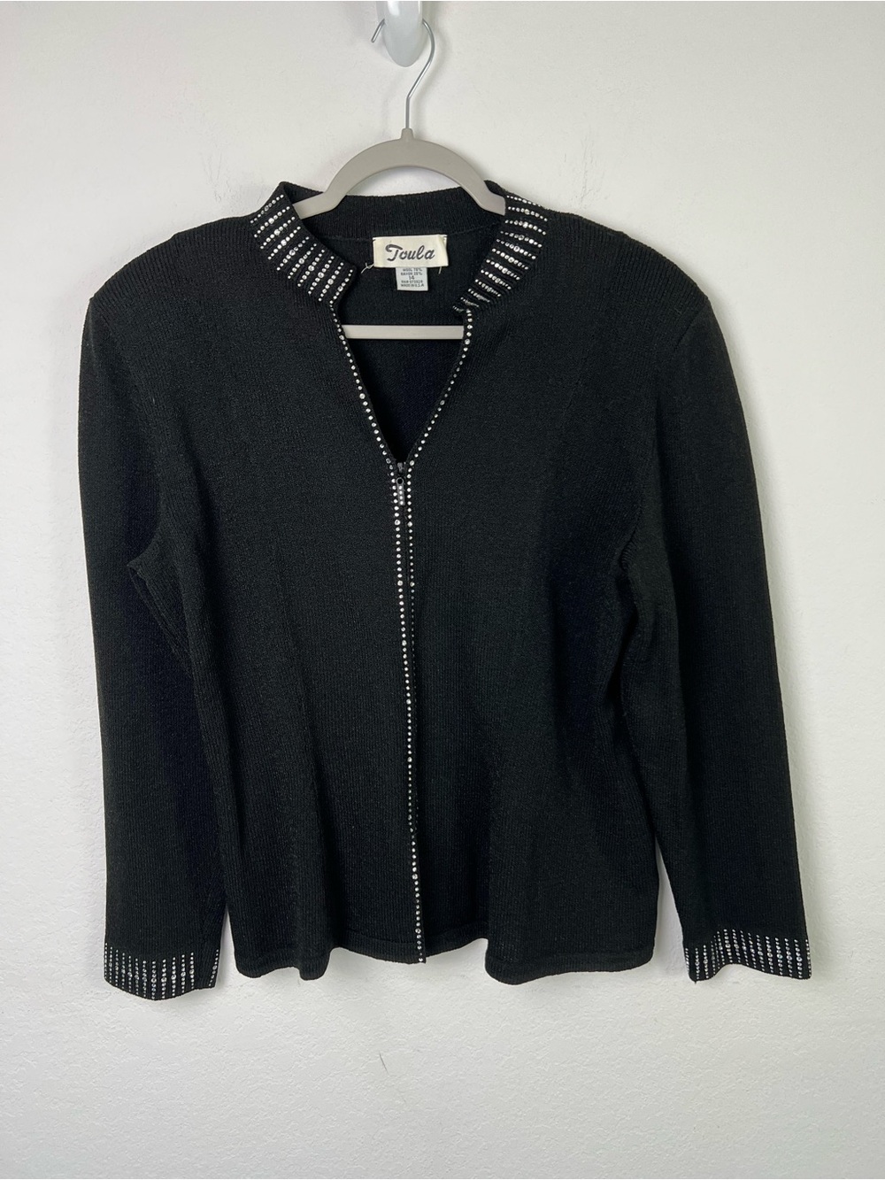 Vintage Toula Wool Rayon Black with Rhinestone Embelishments Top Cardigan Jacket